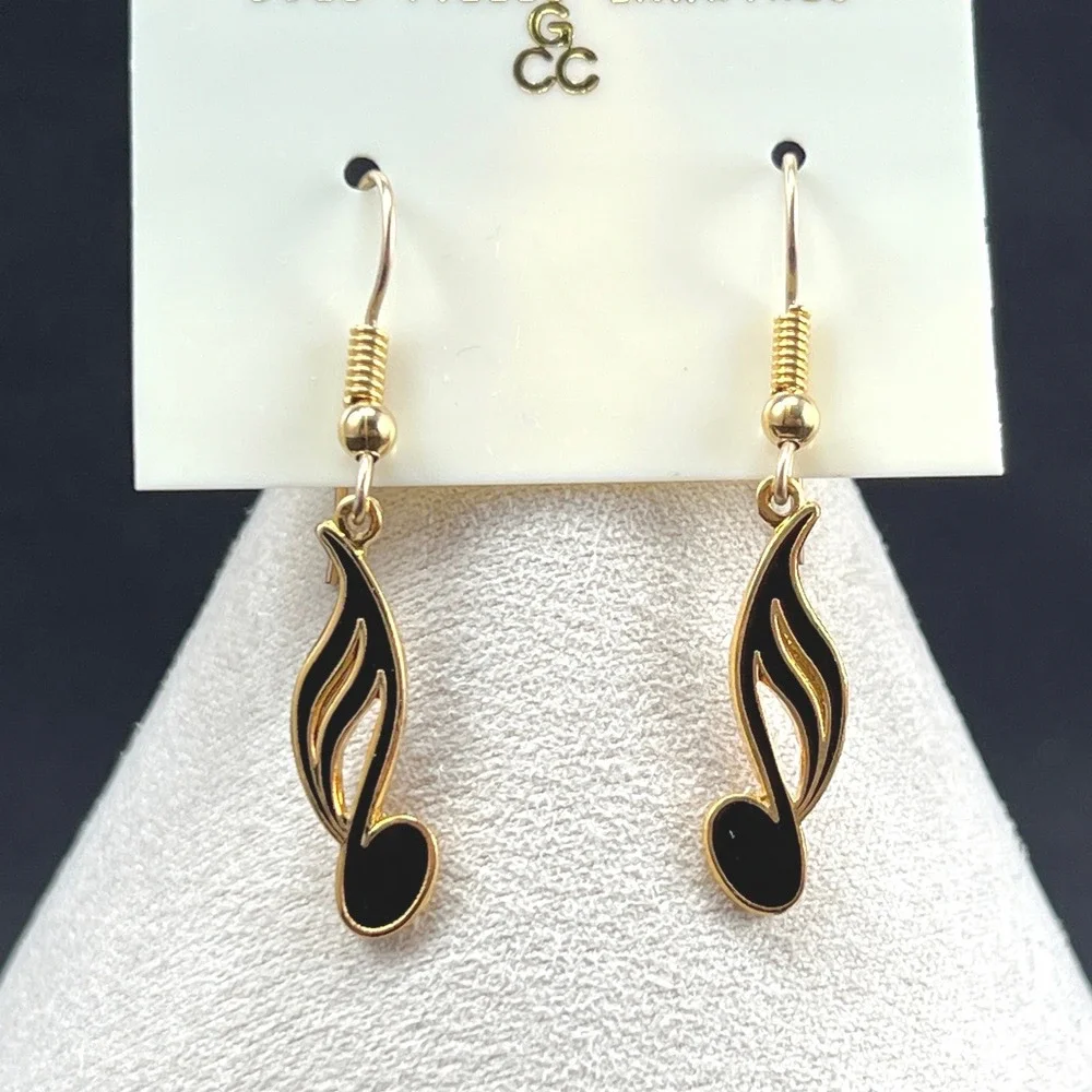 Vintage Earrings Music Notes Gold Tone Black Enamel Musician